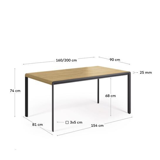 Mesa extensible Nadyria chapa de roble patas de acero acabado negro 160 (200) x 90 cm