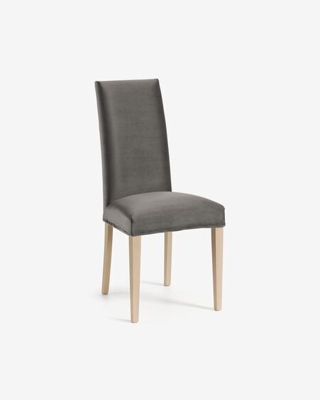 Silla Freda terciopelo gris y patas de madera maciza de haya acabado natural