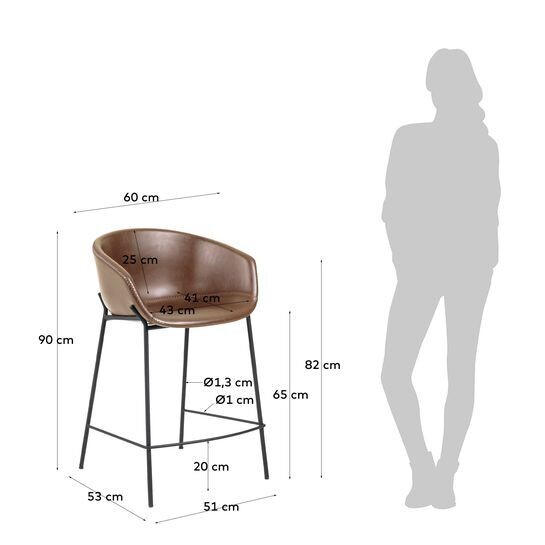 Taburete Yvette piel sintética marrón y acero con acabado negro altura 65 cm