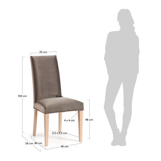 Silla Freda terciopelo gris y patas de madera maciza de haya acabado natural