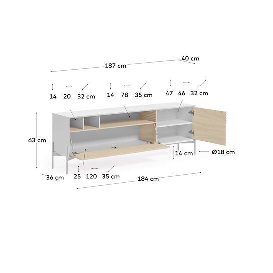 Mueble TV Marielle de chapa de fresno y lacado blanco 187 x 63 cm