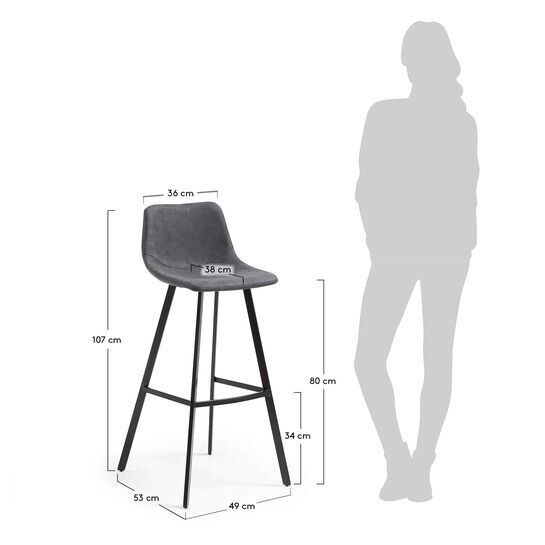 Taburete Alve de piel sintética gris oscuro y acero con acabado negro altura 80 cm