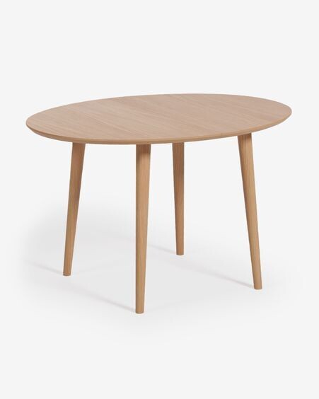 Mesa extensible redonda Oqui chapa de roble y patas de madera maciza Ø 120 (200) x 90 cm
