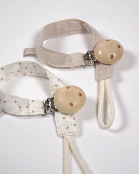 Set Maren de 2 chupeteros 100% algodón orgánico (GOTS) beige y topos rosa