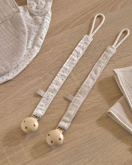 Set Maren de 2 chupeteros 100% algodón orgánico (GOTS) beige y topos rosa