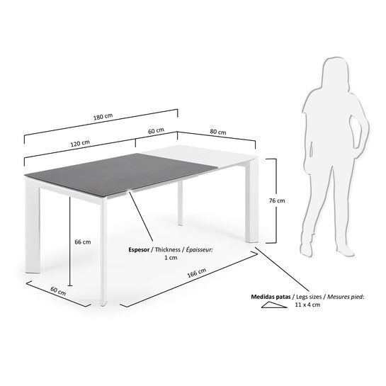 Mesa extensible Axis porcelánico acabado Vulcano Roca y patas acero blanco 120 (180) cm