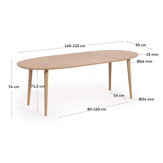 Mesa extensible oval Oqui en chapa de roble y patas de madera maciza Ø 140 (220) x 90 cm