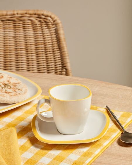 Taza con plato Odalin porcelana blanco y amarillo