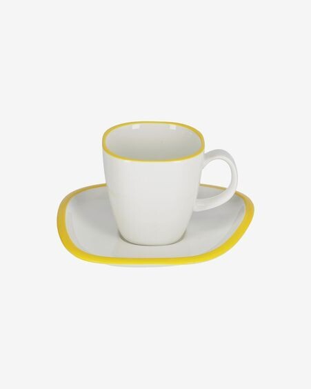 Taza con plato Odalin porcelana blanco y amarillo
