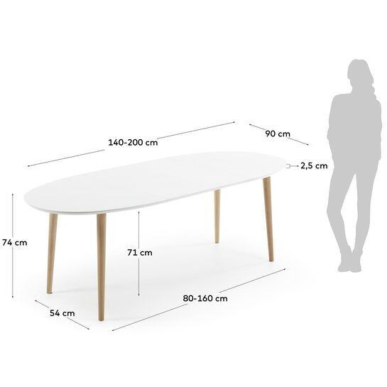 Mesa extensible oval Oqui MDF lacado blanco y patas madera maciza haya 140 (220) x 90 cm