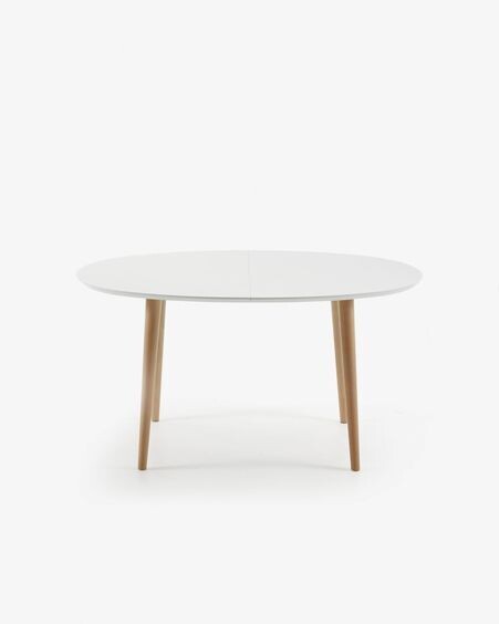 Mesa extensible oval Oqui MDF lacado blanco y patas madera maciza haya 140 (220) x 90 cm