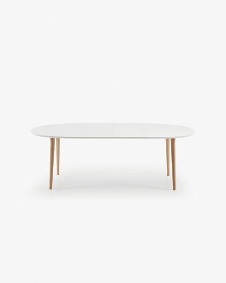 Mesa extensible oval Oqui MDF lacado blanco y patas madera maciza haya 140 (220) x 90 cm