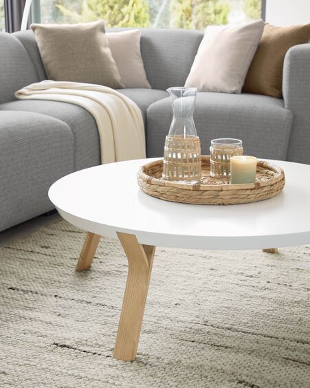 Mesa de centro Dilos madera maciza de fresno y lacado blanco Ø 90 cm