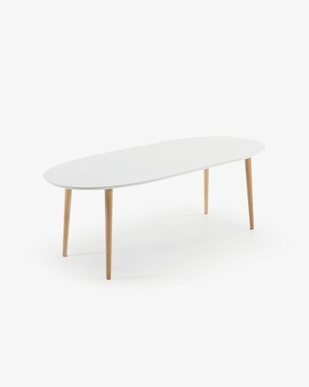 Mesa extensible oval Oqui MDF lacado blanco y patas madera maciza haya 140 (220) x 90 cm