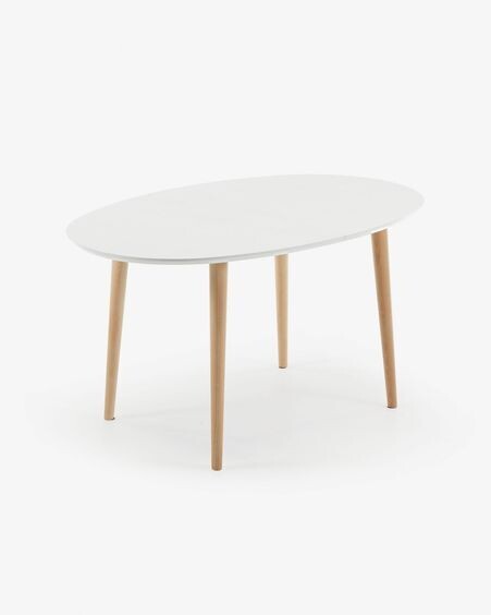 Mesa extensible oval Oqui MDF lacado blanco y patas madera maciza haya 140 (220) x 90 cm