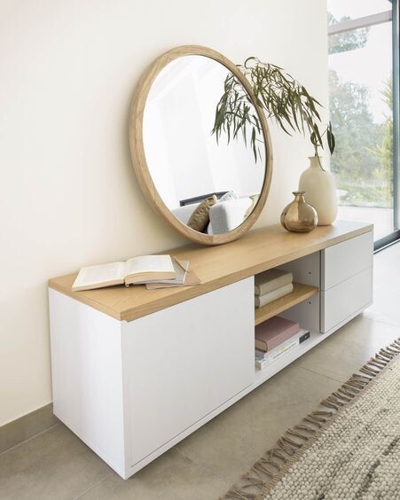 Mueble TV Abilen de chapa roble y lacado blanco 150 x 44 cm FSC 100%