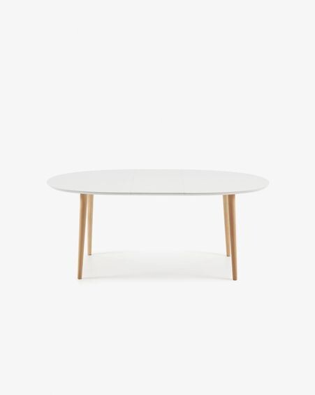 Mesa extensible oval Oqui MDF lacado blanco y patas madera maciza haya 140 (220) x 90 cm