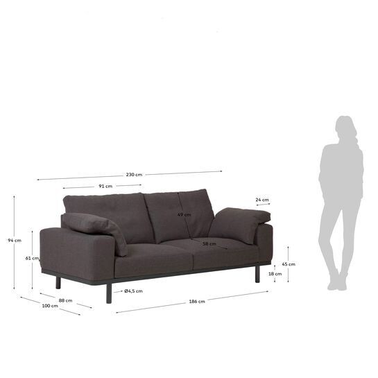 Sofá Noa 3 plazas con cojines gris patas acabado oscuro 230 cm