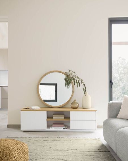 Mueble TV Abilen de chapa roble y lacado blanco 150 x 44 cm FSC 100%