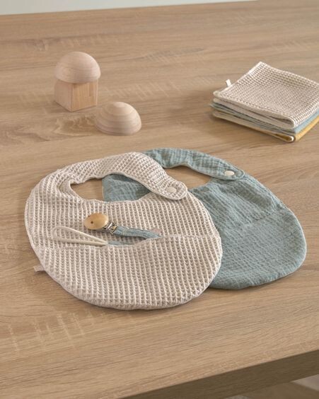 Set Lupe de 2 baberos 100% algodón orgánico (GOTS) beige y turquesa