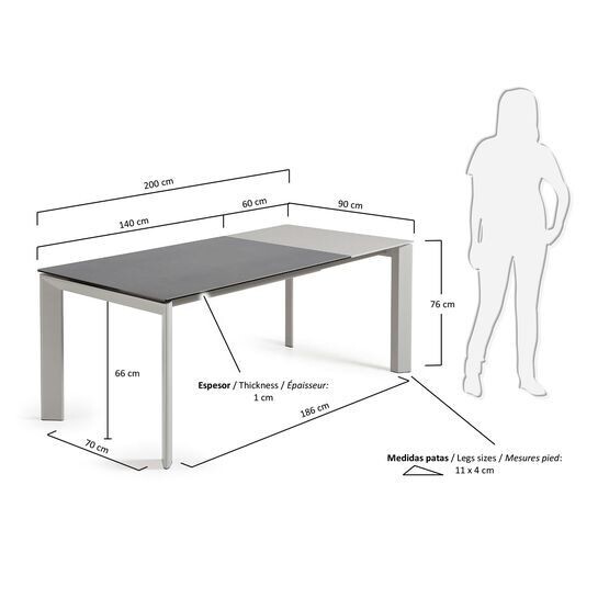 Mesa extensible Axis porcelánico acabado Vulcano Roca patas gris 140 (200) cm