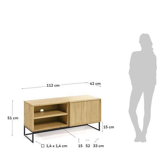 Mueble TV Taiana 1 puerta de chapa de roble y acero acabado negro 112 x 51 cm