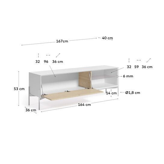 Mueble TV Marielle de chapa de fresno y lacado blanco 167 x 53 cm
