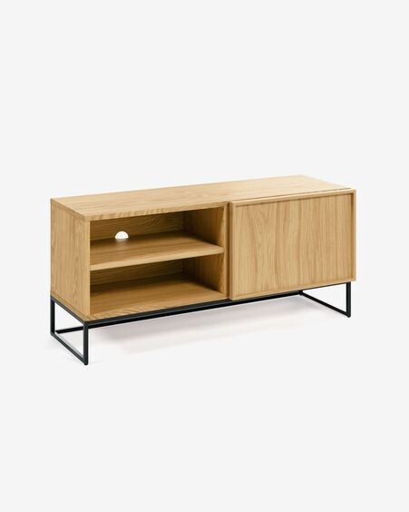 Mueble TV Taiana 1 puerta de chapa de roble y acero acabado negro 112 x 51 cm