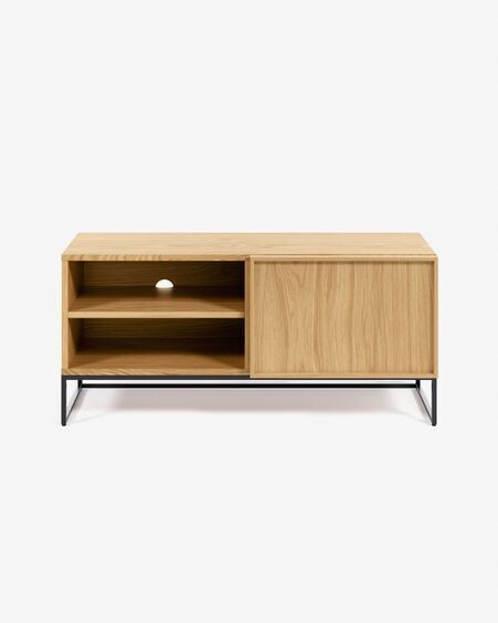Mueble TV Taiana 1 puerta de chapa de roble y acero acabado negro 112 x 51 cm