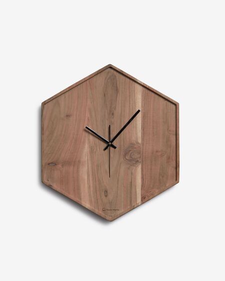 Reloj de pared hexagonal Zakie de madera maciza de acacia acabado natural 35,5 x 40,5 cm
