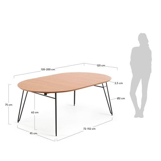 Mesa extensible redonda Novac Ø 120 (200) cm chapa de roble patas de acero acabado negro