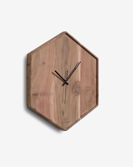 Reloj de pared hexagonal Zakie de madera maciza de acacia acabado natural 35,5 x 40,5 cm
