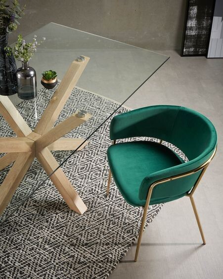 Mesa Argo de cristal y patas de acero efecto madera  200 x 100 cm