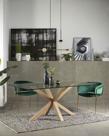 Mesa Argo de cristal y patas de acero efecto madera  200 x 100 cm