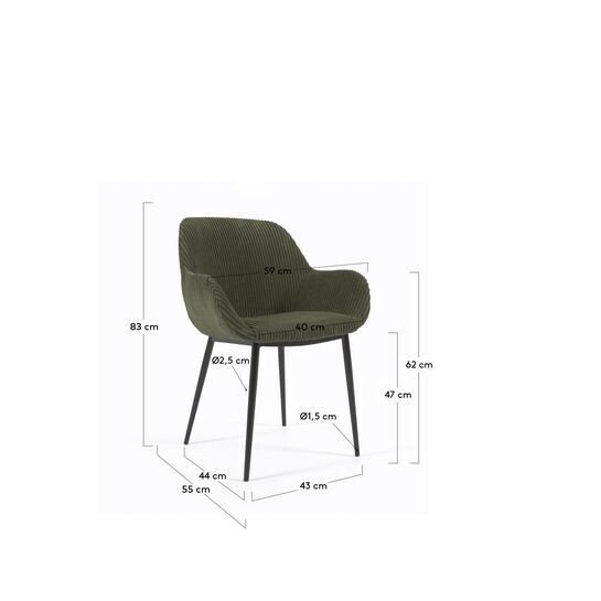 Silla Konna de pana gruesa verde oscuro y patas de acero acabado pintado negro