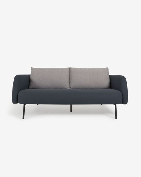 Sofá Walkyria 3 plazas azul con cojines gris y patas de metal acabado negro 195 cm