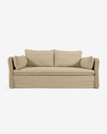 Sofá cama Tanit beige y patas de madera maciza de haya con acabado natural 210 cm