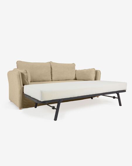 Sofá cama Tanit beige y patas de madera maciza de haya con acabado natural 210 cm