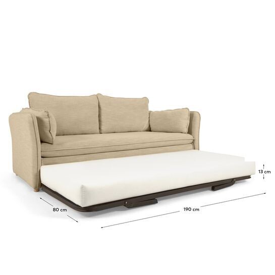 Sofá cama Tanit beige y patas de madera maciza de haya con acabado natural 210 cm