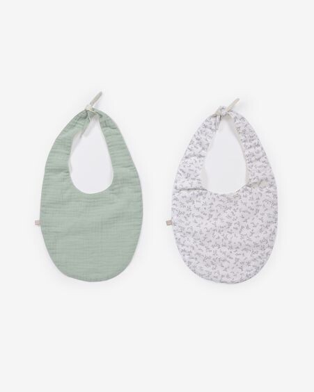 Set Yamile de 2 baberos 100% algodón orgánico (GOTS) turquesa y blanco con hojas gris