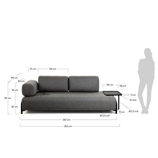 Sofá Compo 3 plazas gris oscuro con bandeja grande 252 cm
