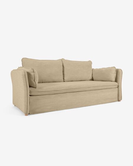 Sofá cama Tanit beige y patas de madera maciza de haya con acabado natural 210 cm