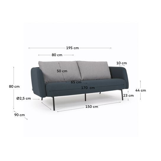 Sofá Walkyria 3 plazas azul con cojines gris y patas de metal acabado negro 195 cm