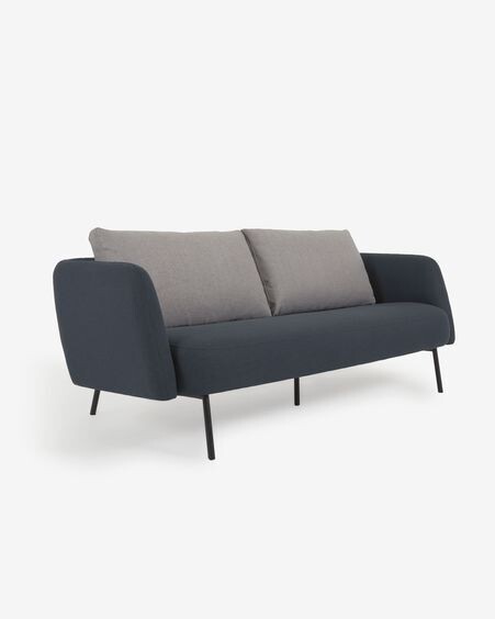 Sofá Walkyria 3 plazas azul con cojines gris y patas de metal acabado negro 195 cm