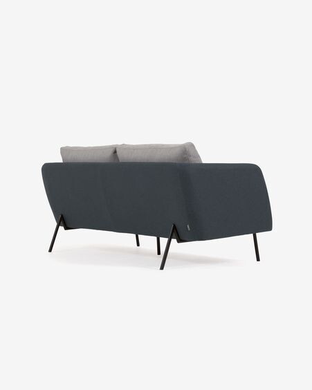 Sofá Walkyria 3 plazas azul con cojines gris y patas de metal acabado negro 195 cm