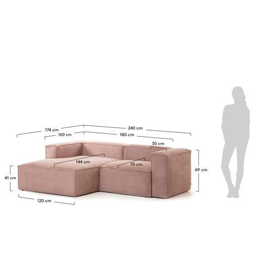 Sofá Blok 2 plazas chaise longue izquierdo pana gruesa rosa 240 cm