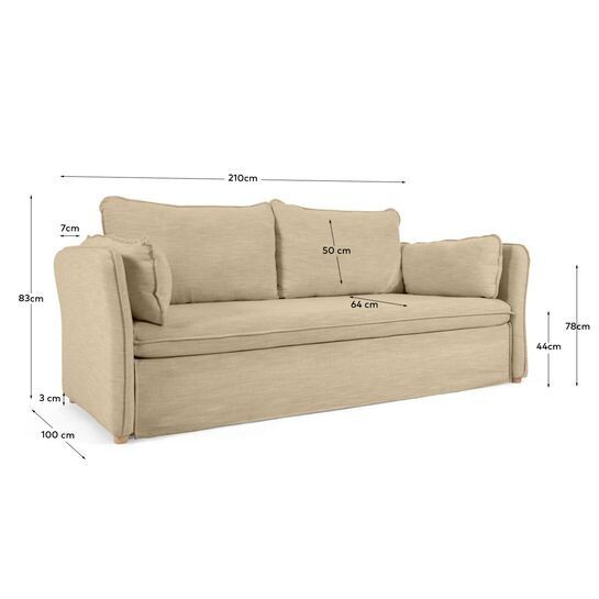 Sofá cama Tanit beige y patas de madera maciza de haya con acabado natural 210 cm