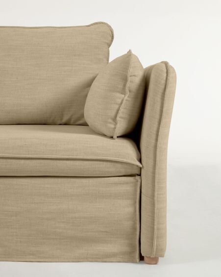 Sofá cama Tanit beige y patas de madera maciza de haya con acabado natural 210 cm