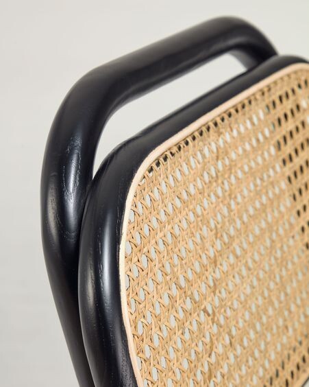 Taburete Doriane madera maciza olmo acabado lacado negro y asiento de tela altura 65 cm