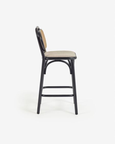 Taburete Doriane madera maciza olmo acabado lacado negro y asiento de tela altura 65 cm
